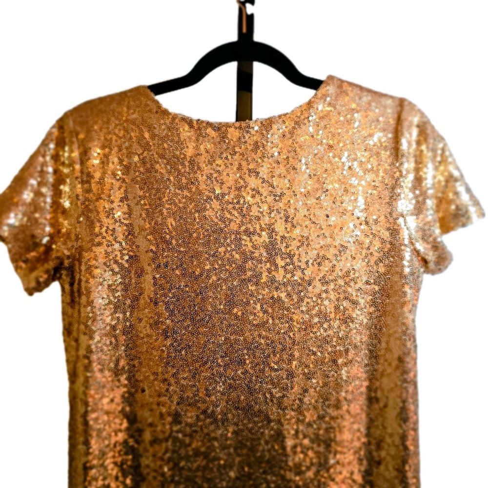 Rose Gold Sequin Mini Dress V Neck Short Sleeve Party Cocktail Holiday Sparkle S - Picture 9 of 12
